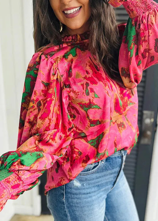 Rose Ruffled Print Chiffon Shirt Top Spring