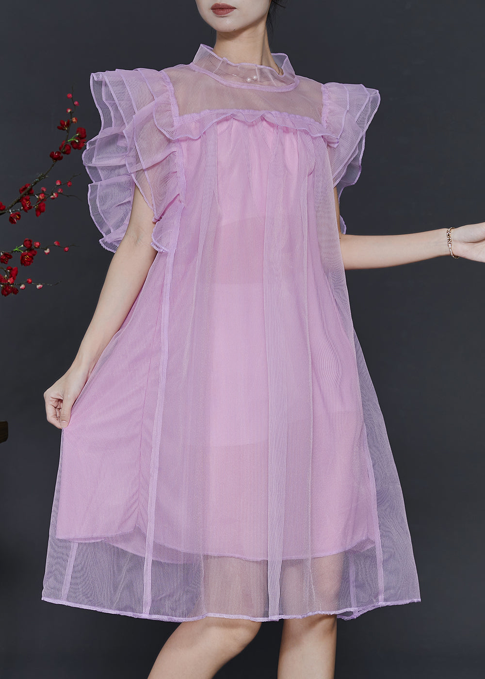 Pink Oversized Tulle Vacation Dress Butterfly Sleeve