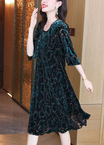 Green O-neck Oversized Print Silk Velour Party Dress Half Sleeve