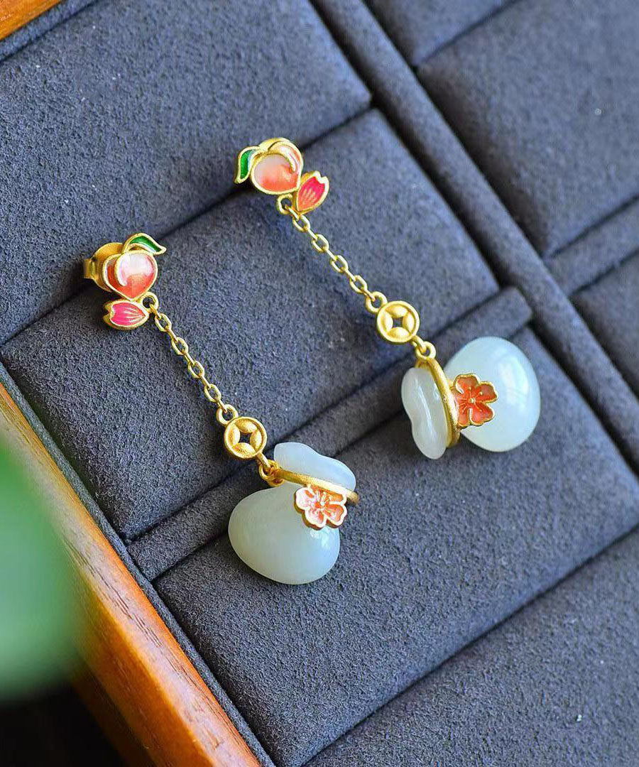 Pink Sterling Silver Overgild Jade Enamel Money Bag Drop Earrings