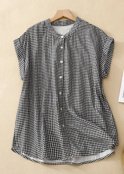 Stand Collar Plaid Button Cotton Shirts Summer