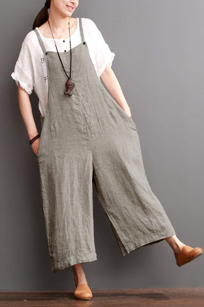 Cotton Linen Sen Department Causel Loose Overalls Big Pocket Maxi Size Trousers Outfits