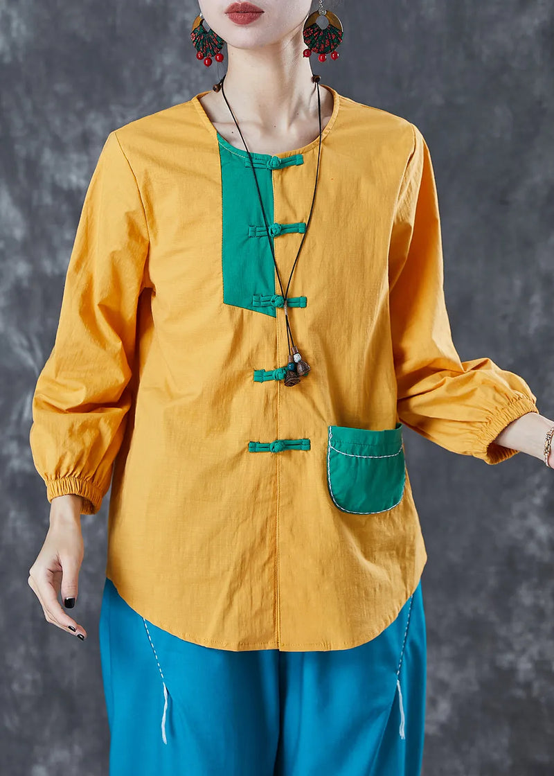 Yellow Chinese Button Patchwork Linen Shirt Top Summer