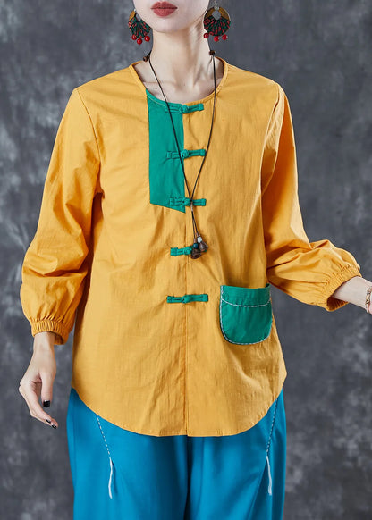 Yellow Chinese Button Patchwork Linen Shirt Top Summer
