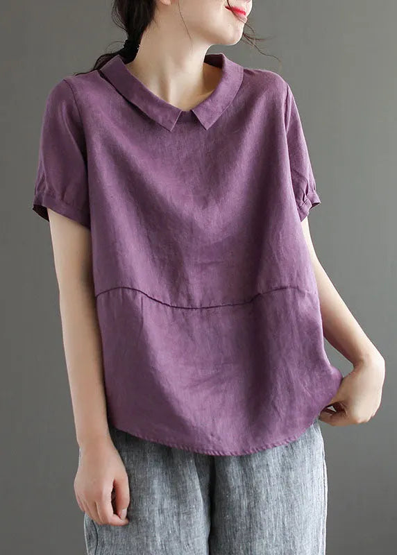 Unique Purple Peter Pan Collar Patchwork Linen T Shirts Summer