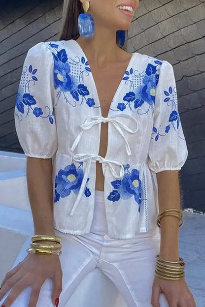 Print Flowers Frenulum V Neck Tops