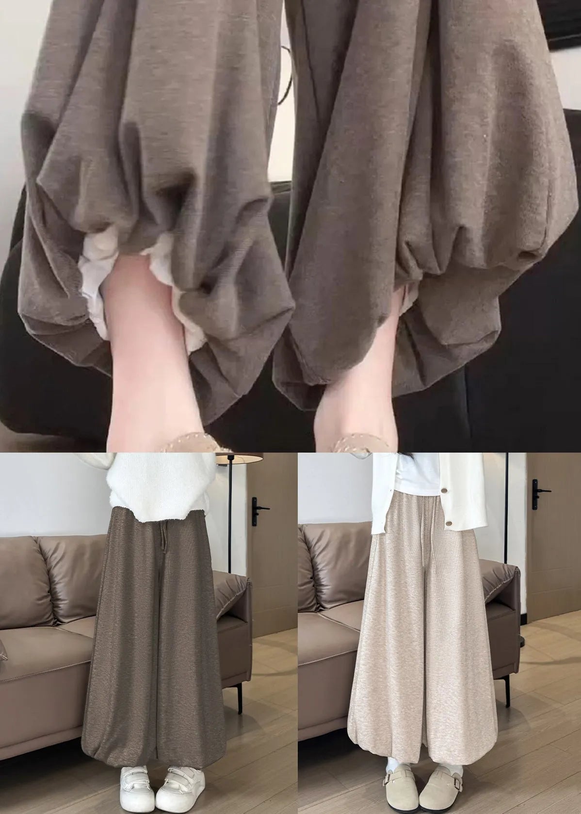 Oatmeal Elastic Waist Cotton Wide Leg Pants Pockets