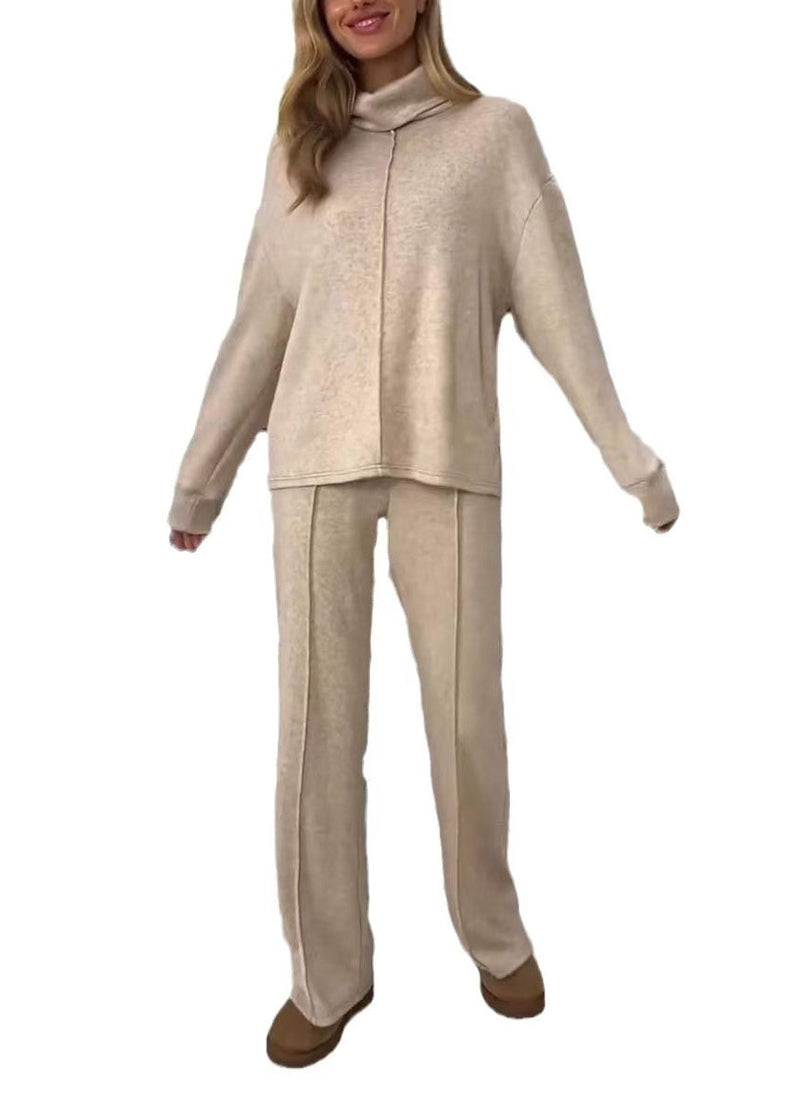Grey Hign Neck Tops and Pants Cotton Two Piece Suit Set Spring