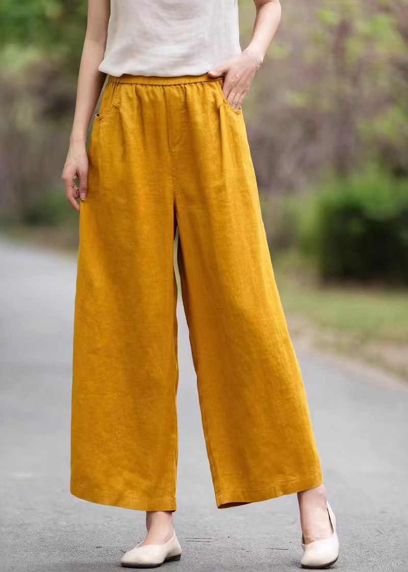 Yellow Elastic Waist Pockets Linen Pants Summer