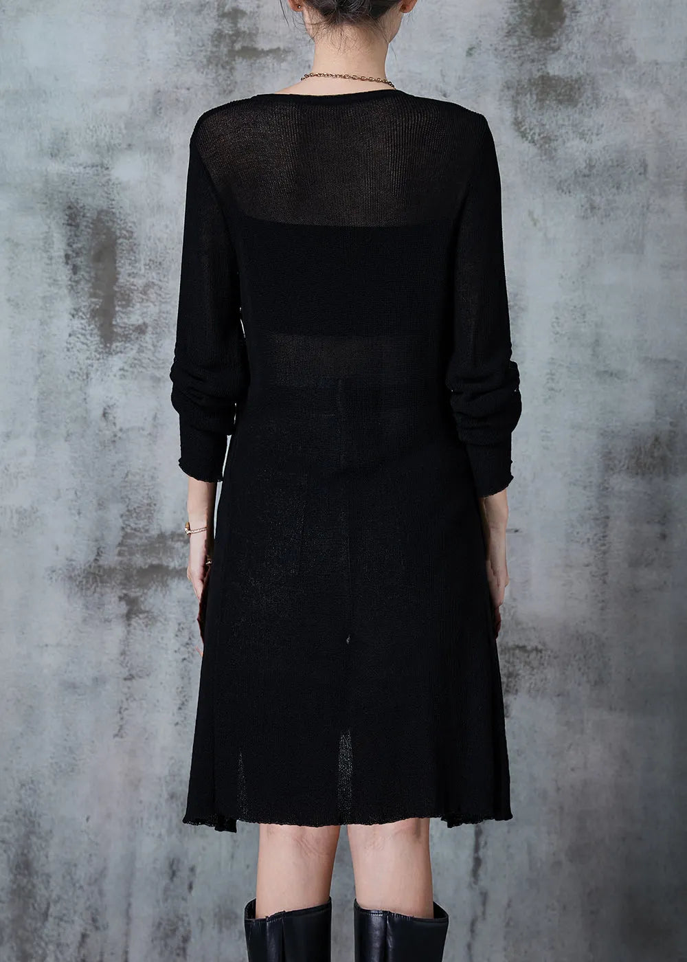 Style Black O-neck Side Open Knit Long Shirt Fall