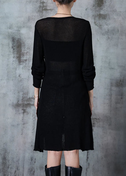 Style Black O-neck Side Open Knit Long Shirt Fall