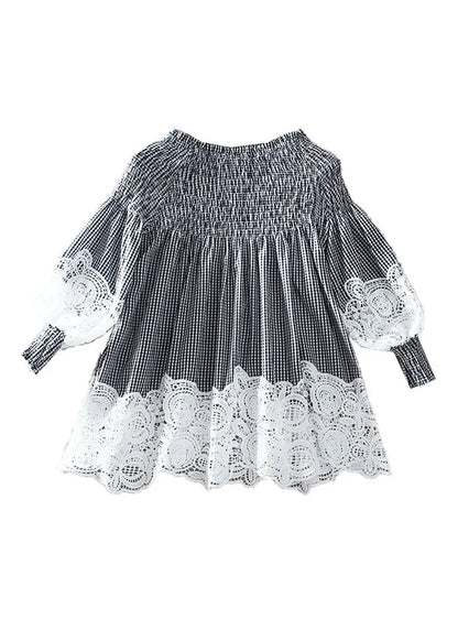 French White O-neck Wrinkled Patchwork Hollow Out Shirt Long Sleeve