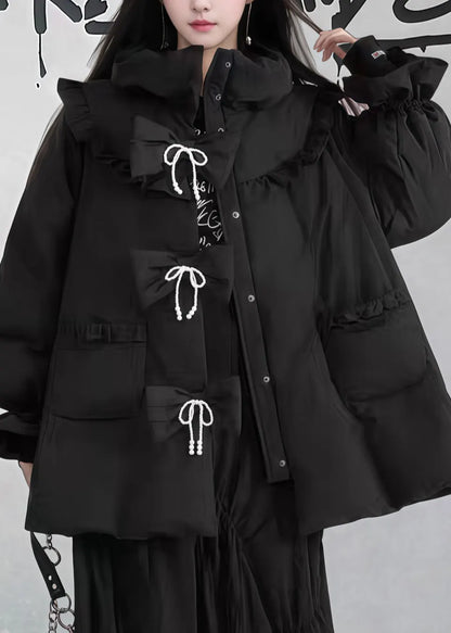 Black Ruffled Pockets Patchwork Fine Cotton Filled Puffers Jackets Winter