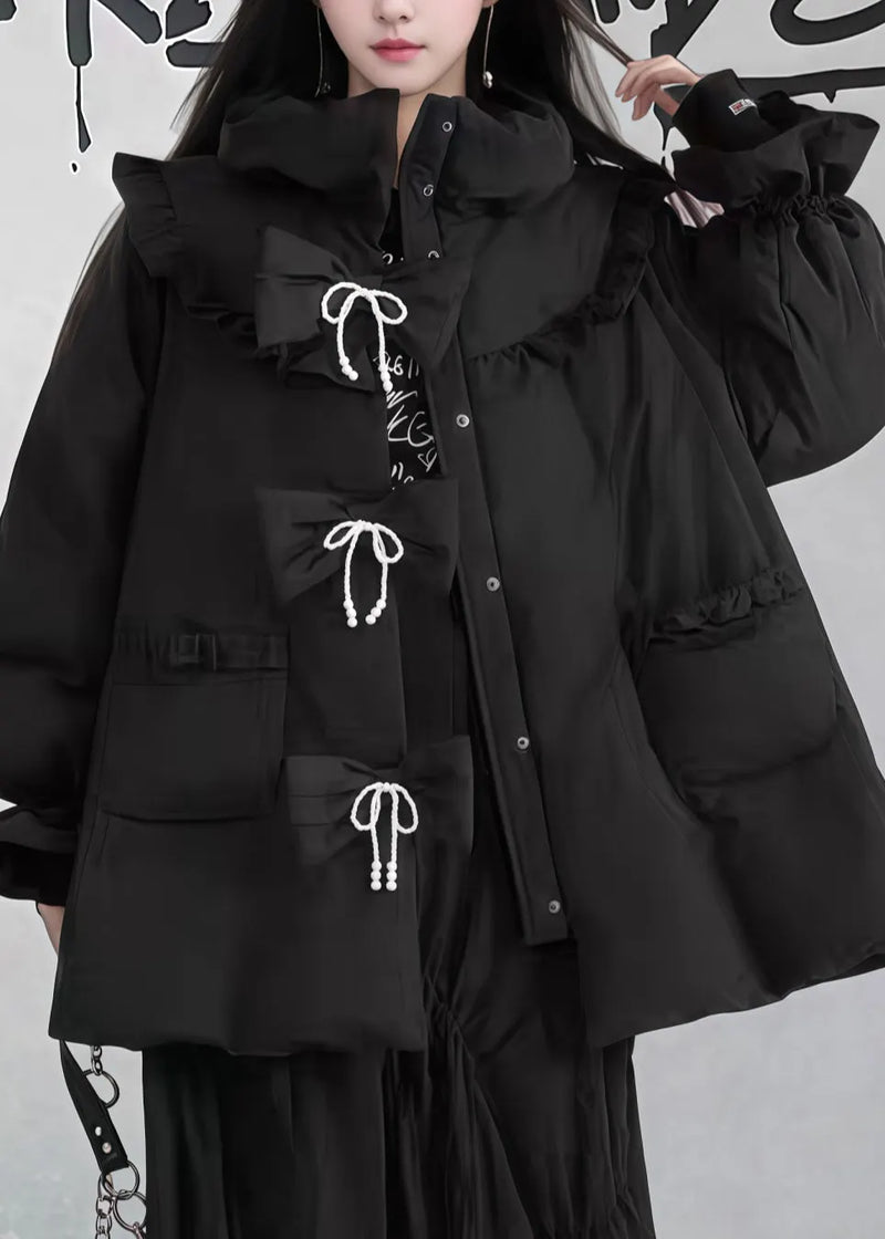Black Ruffled Pockets Patchwork Fine Cotton Filled Puffers Jackets Winter