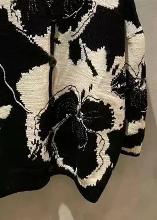Jacquard Black V Neck Button Patchwork Knit Coat Long Sleeve