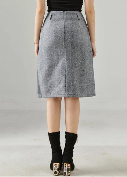 Grey Striped Pocket Cotton Wraped Skirts Fall