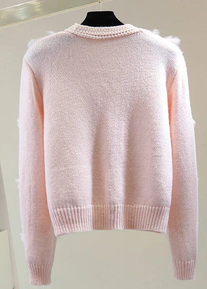 Pink Fuzzy Ball Decorated Cotton Knitted Sweater Long Sleeve
