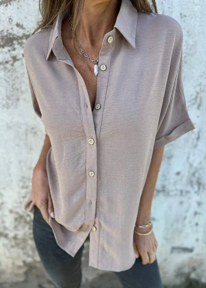 Khaki Peter Pan Collar Button Cotton Top Summer