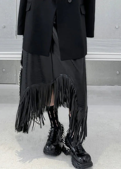 Black High Waist Tassel Patchwork Faux Leather a Line Skirt Fall
