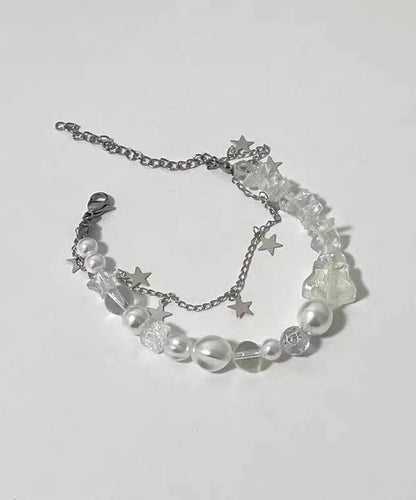 White Stainless Steel Star Double-layer Pearl Charm Bracelet
