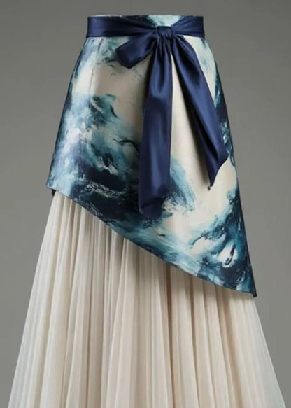 French Blue Asymmetrical Lace Up Tulle Patchwork Skirts Summer