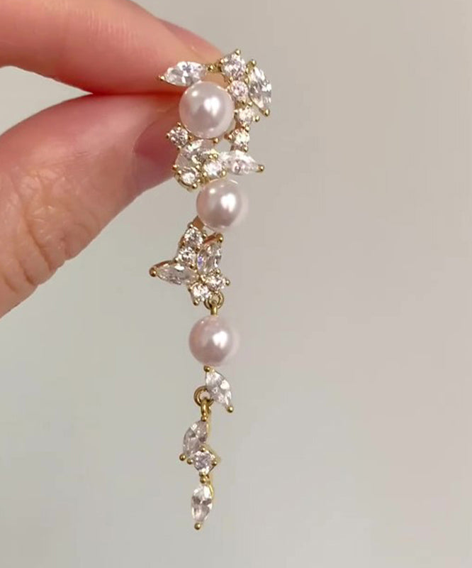 Gold Copper Overgild Pearl Butterfly Tassel Drop Earrings