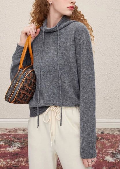Stylish Grey Hooded Drawstring Knit Pullover Spring