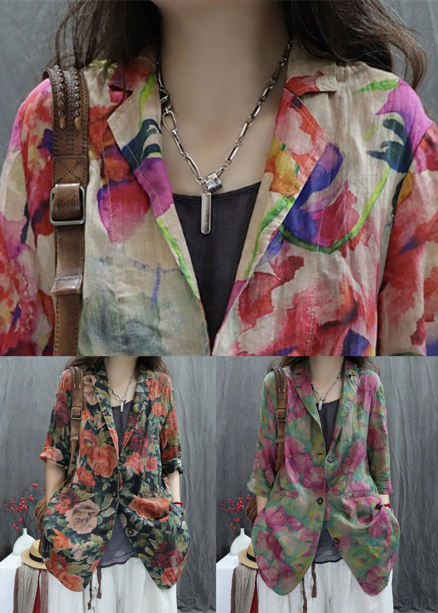 Loose Green Peter Pan Collar Print Cotton Coats Spring