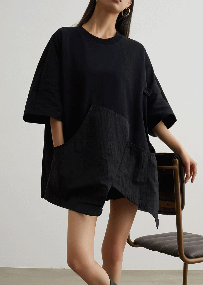 Black O Neck Pockets Patchwork Cotton T Shirt Summer