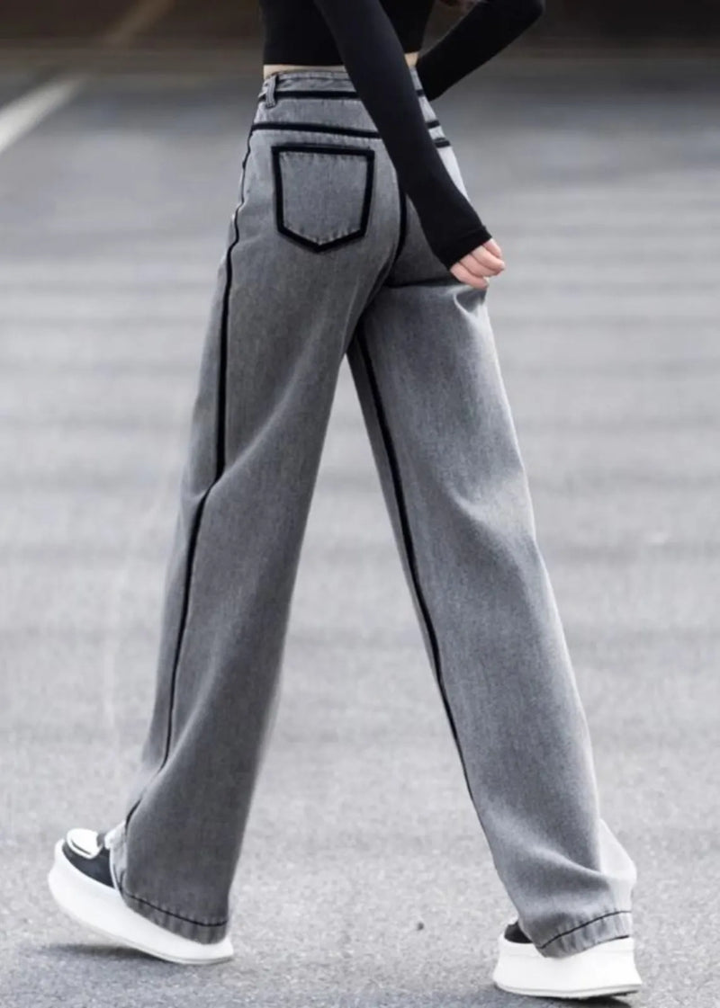 Grey Pockets High Waist Warm Fleece Pants Spring