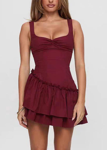 Red Ruffled Cotton Mini Dresses Summer