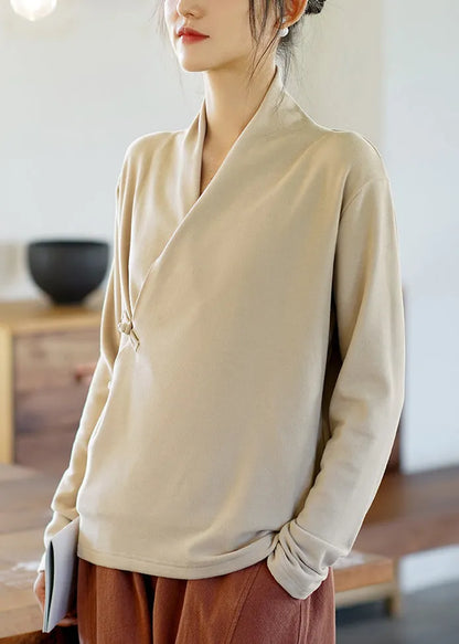 Beige V Neck Oriental Button Cotton Shirt Tops Spring