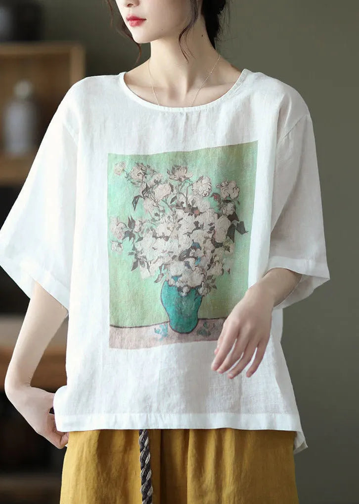 White O-neck Print Linen T Shirt Half Sleeve