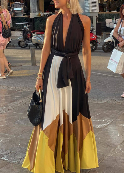 Colorblock Backless Lace Up Cotton Maxi Dresses Sleeveless