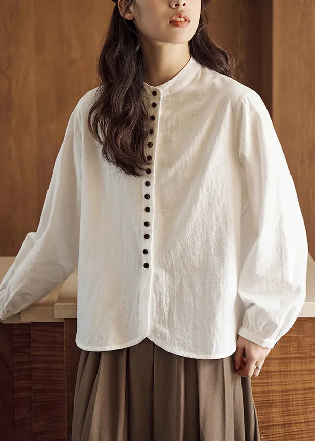 Loose Beige Stand Collar Button Cotton T Shirts Fall