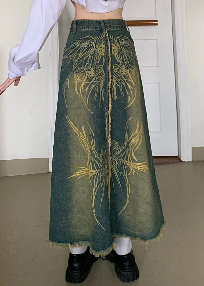 Modern Blue Print Pockets Denim a Line Skirts Fall