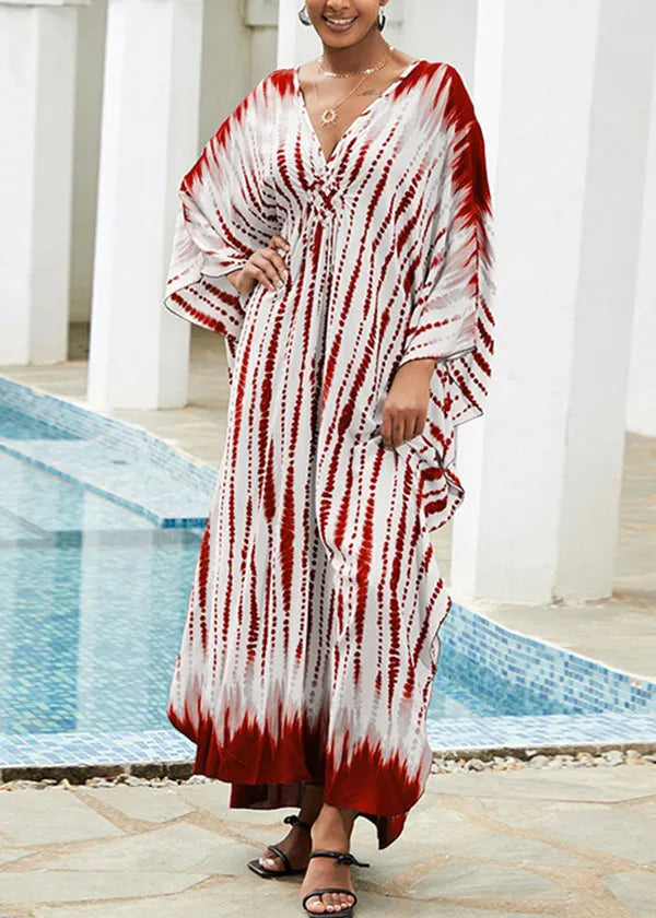 Green V Neck Print Cotton Robe Dresses Summer