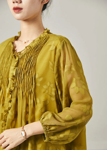 Loose Grass Green Ruffled Wrinkled Chiffon Shirt Top Summer