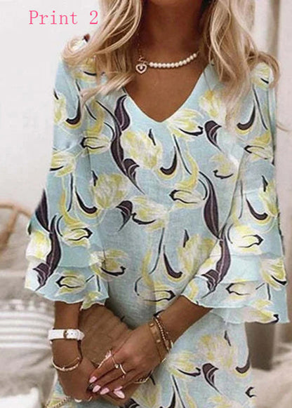 V Neck Print Cotton Mid Dresses Flare Sleeve