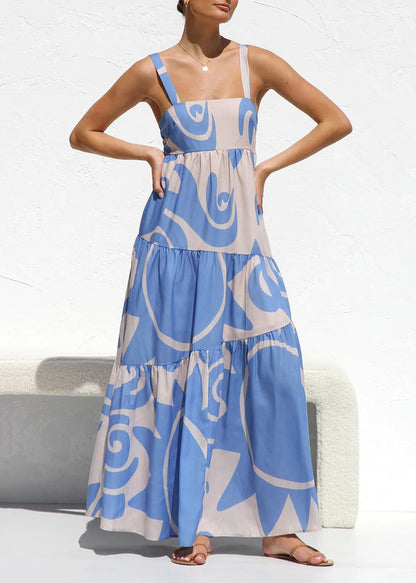 Style Blue Print Patchwork Cotton Spaghetti Strap Dress Summer