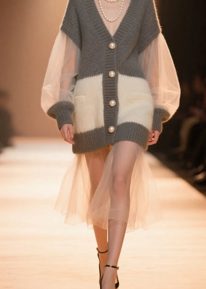 Colorblock V Neck Tulle Patchwork Knit Cardigans Fall