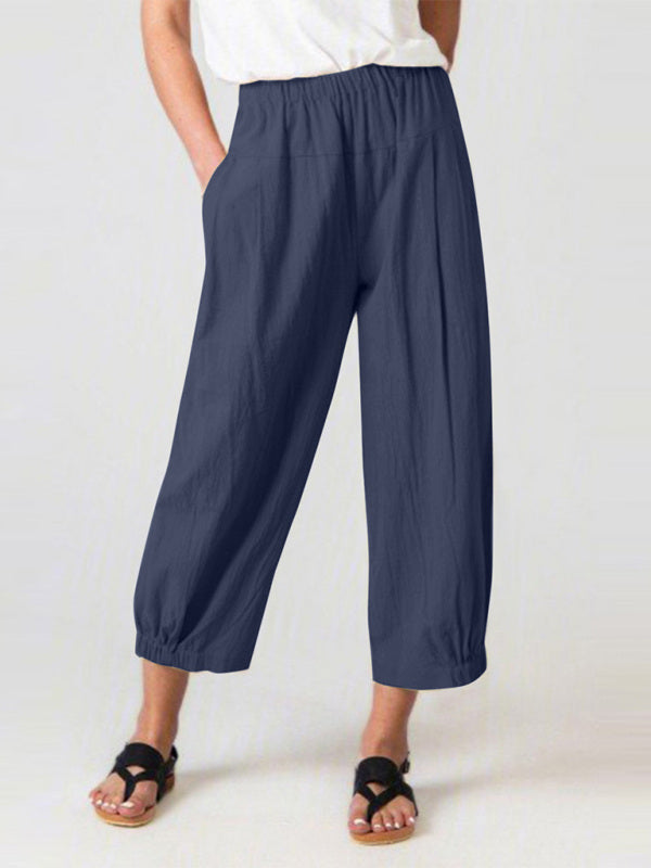 Loose Harem Pants High Waist Cotton Linen Cropped Pants Wide Leg Pants