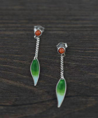 Retro Green Sterling Silver Agate Cloisonne Enamel Bamboo Leaf Drop Earrings