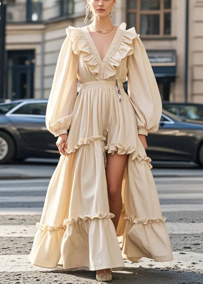 Apricot Ruffled Asymmetrical Design Cotton Vacation Dresses Fall