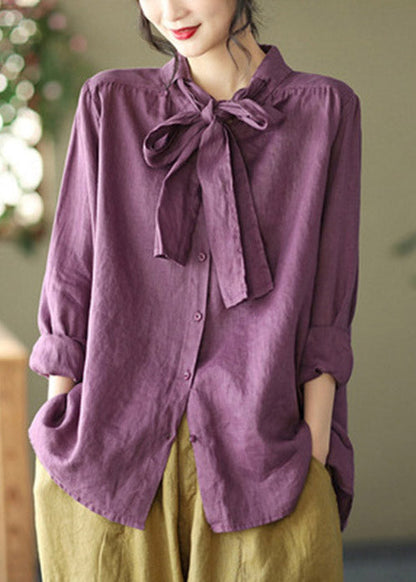 Purple Stand Collar Bow Button Linen Shirt Long Sleeve