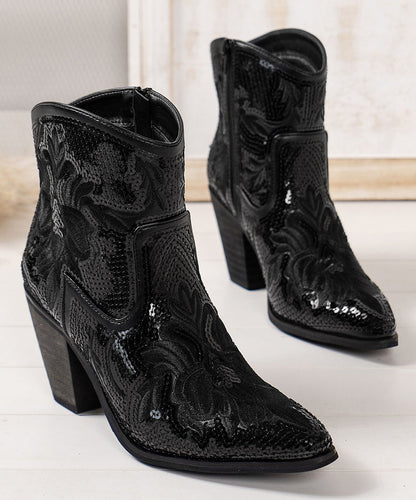 Black Embossed Sequins Cotton Fabric Chunky Ankle Boots