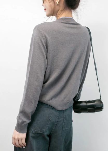 Grey O Neck Button Cotton Knit Coats Long Sleeve