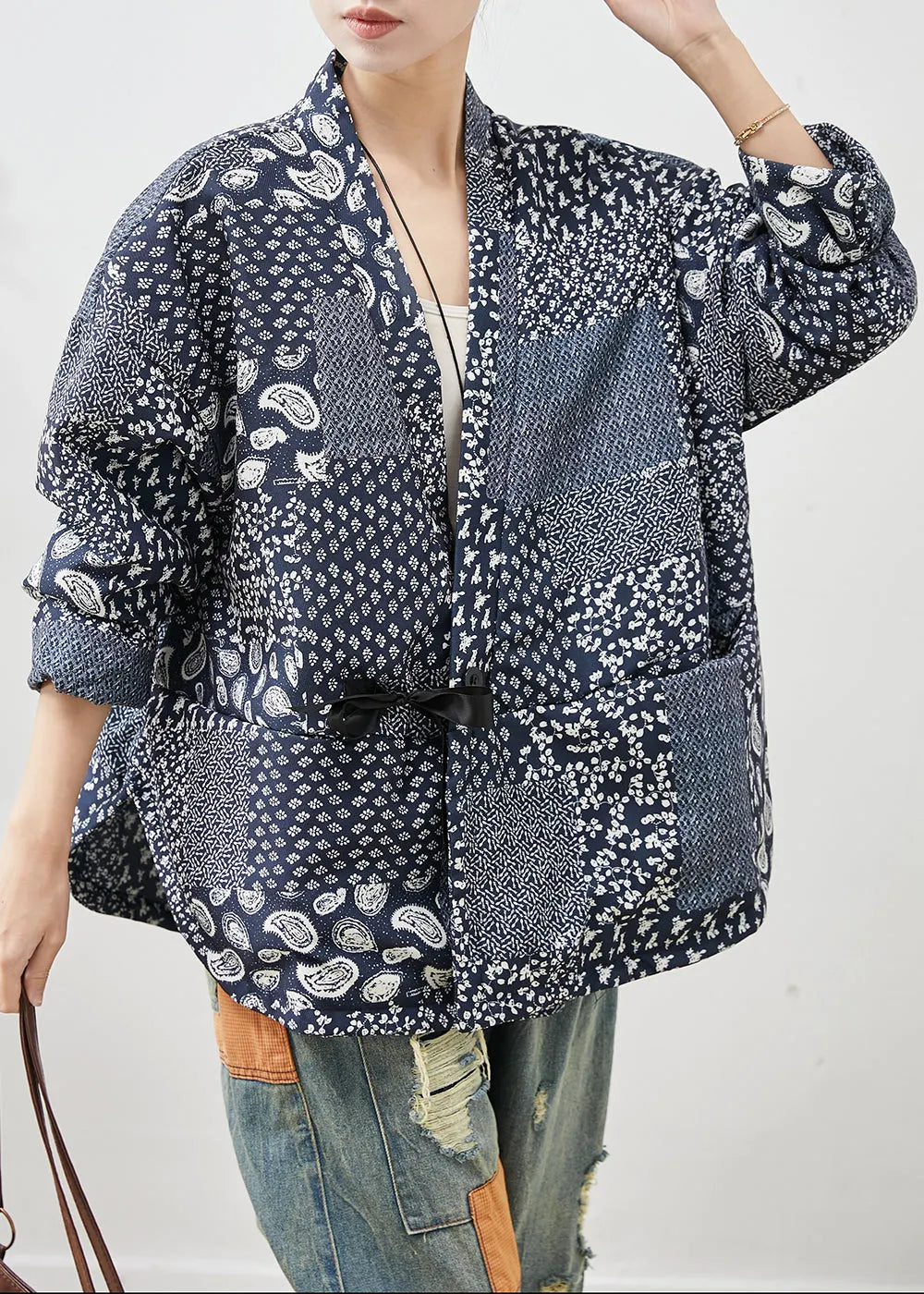 Navy Oversized Print Linen Coat Spring