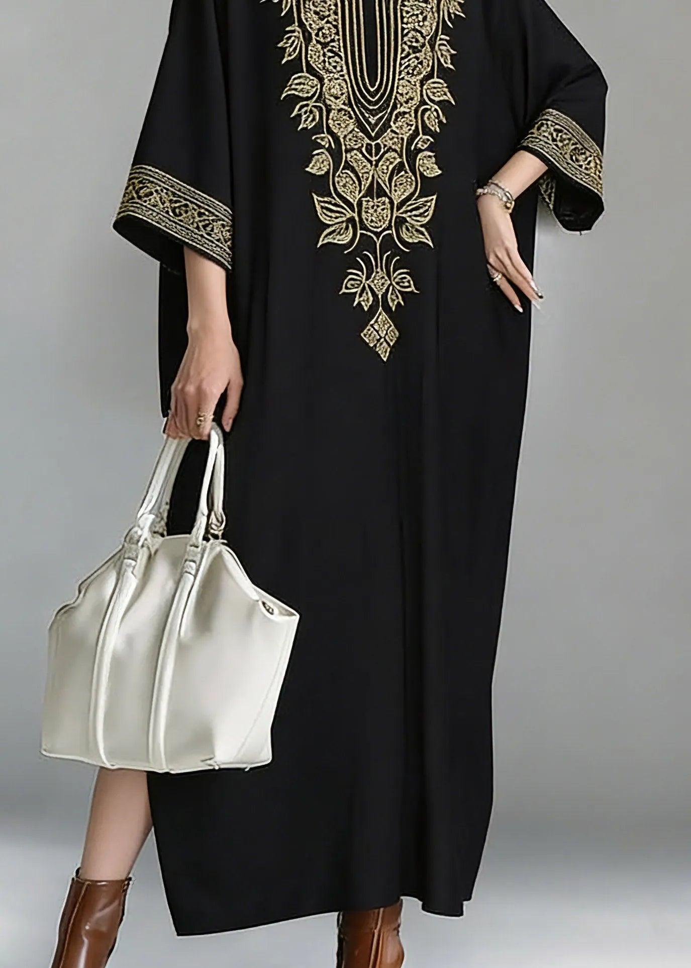 Loose Black V Neck Embroidered Maxi Dress Spring