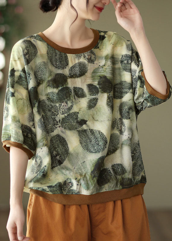 Green O-neck Print Patchwork Linen Top Half Sleeve